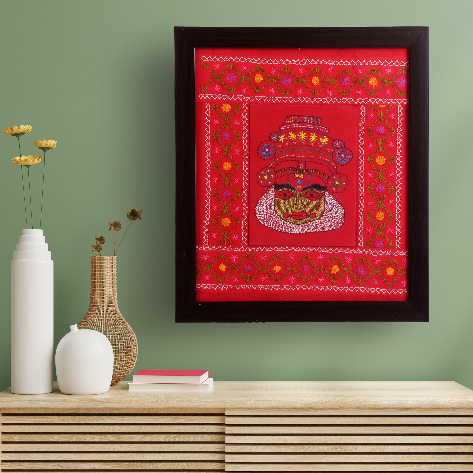 INDHA Hand Embroidered Kathakali Face Embroidery Wall Decor Wall Hanging Decor, Home Decor, Wall Shelves, Wall Hangings for Home Decoration, Wall Decor, Room Decor Items for Bedroom, Aesthetic Room Decor, Wall Hanging, Bedroom Decoration Items, Gift Items