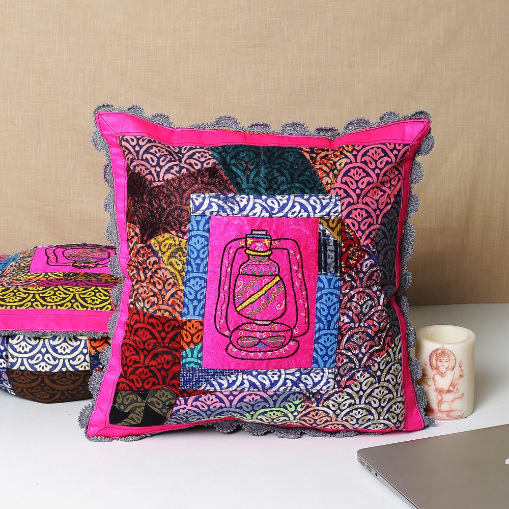 16×16inch Multicolor Lantern Hand Embroidered &amp; Multicolor Cotton Patchwork Pink Throw Cushion Cover (Set of 2) | Handmade Cushion Cover| Throw Cushion Covers | Home Décor | Home Furnishing | Corporate Gifting