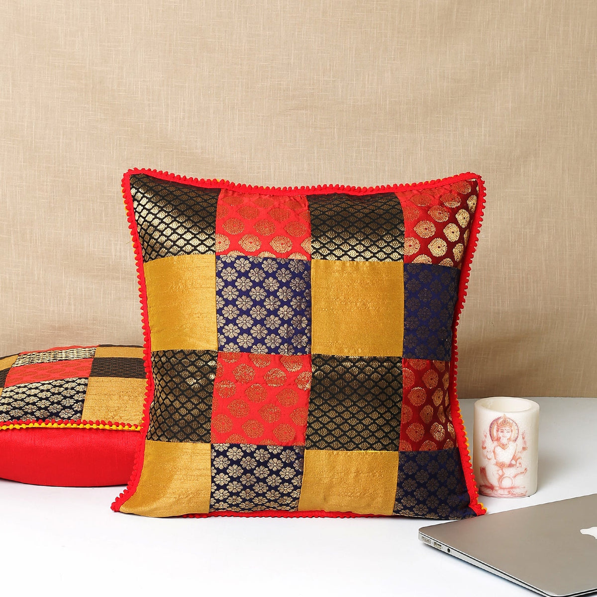 Indha Cushion Cover Brocade Patchwork | 16X16 Inches Cushion Cover | Home Furnishing | Home Decor | Throw Cushion Cover Set | Corporate Gifting | Set of 2 Cushion Covers