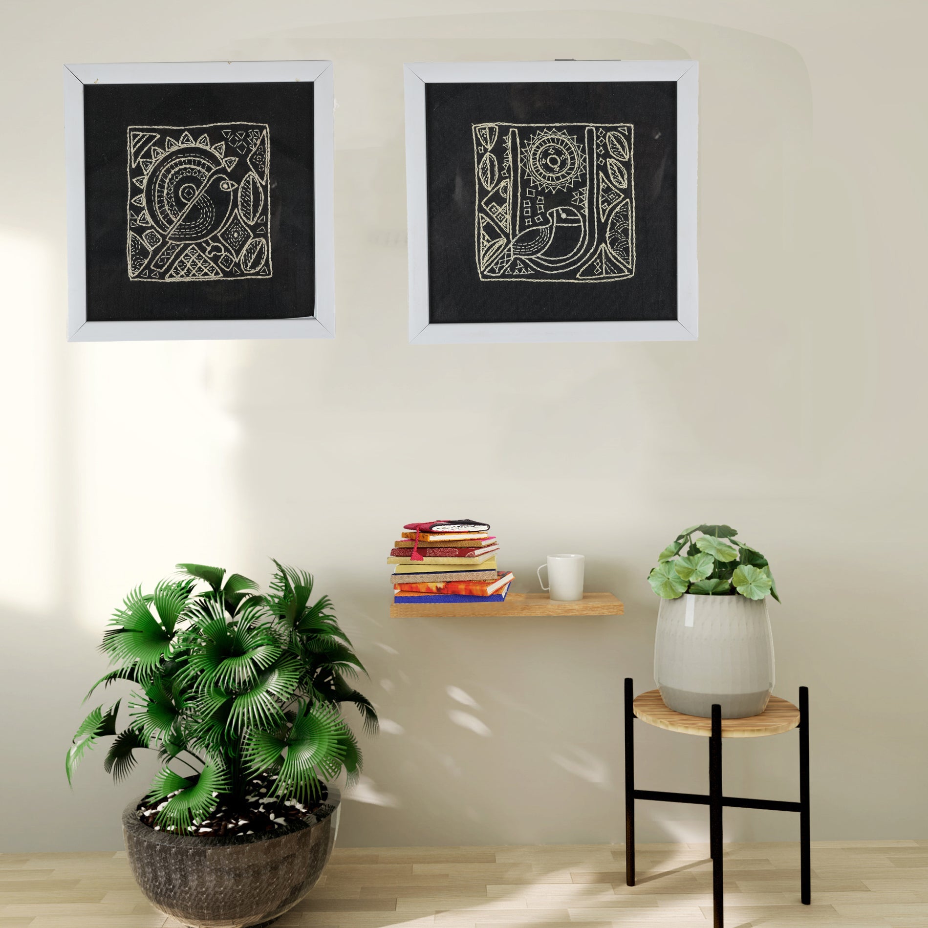 INDHA Bird Design Chain Stitch Hand Embroidered On Black Dupion Silk Wooden Wall Décor | Set Of 2 Wall Décor | Hand Embroidered Wall Décor | Home Décor | Home Furnishing | Gifting | Corporate Gifting | Handcrafted Décor