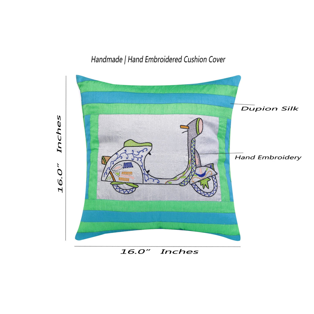 Indha Embroidered Cushion Cover - Unique Sea Green &amp; Blue Design with Lambretta Scooter | 16.0 X 16.0 Inch Cushion Cover Set of 2 | Corporate Gifting | Home Decor | Throw cushion cover | Home Furnishing