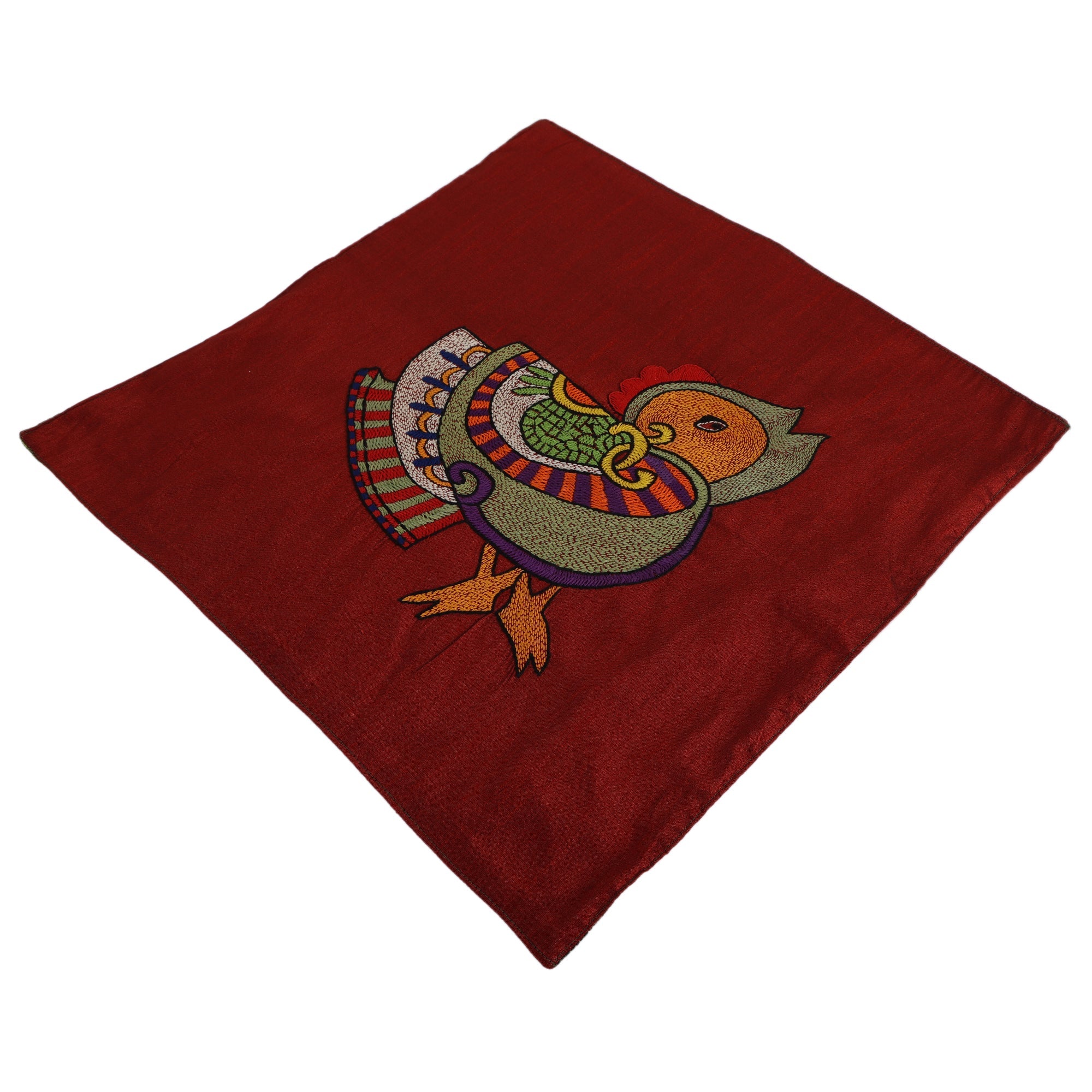 Indha Multicolor Robin-Bird Cushion Cover |Hand Embroidered |Maroon And Green Dupion Silk 16.0X16.0 Inches Cushion Cover |Festival Gift |Ethnic Indian Home Furnishing | Corporate Gifting
