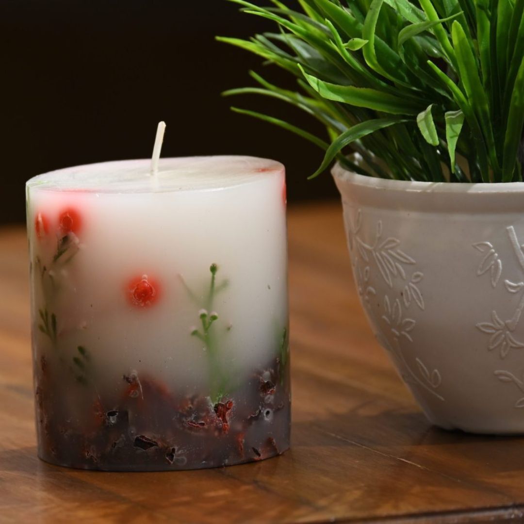 Indha Handcrafted Botanical Floral Scented Pillar Candle |Scented Candle Gift Set | Perfume Candles | Aromatic Candle | Candle for Corporate Gifting | Candles Gift for Office Clients |
