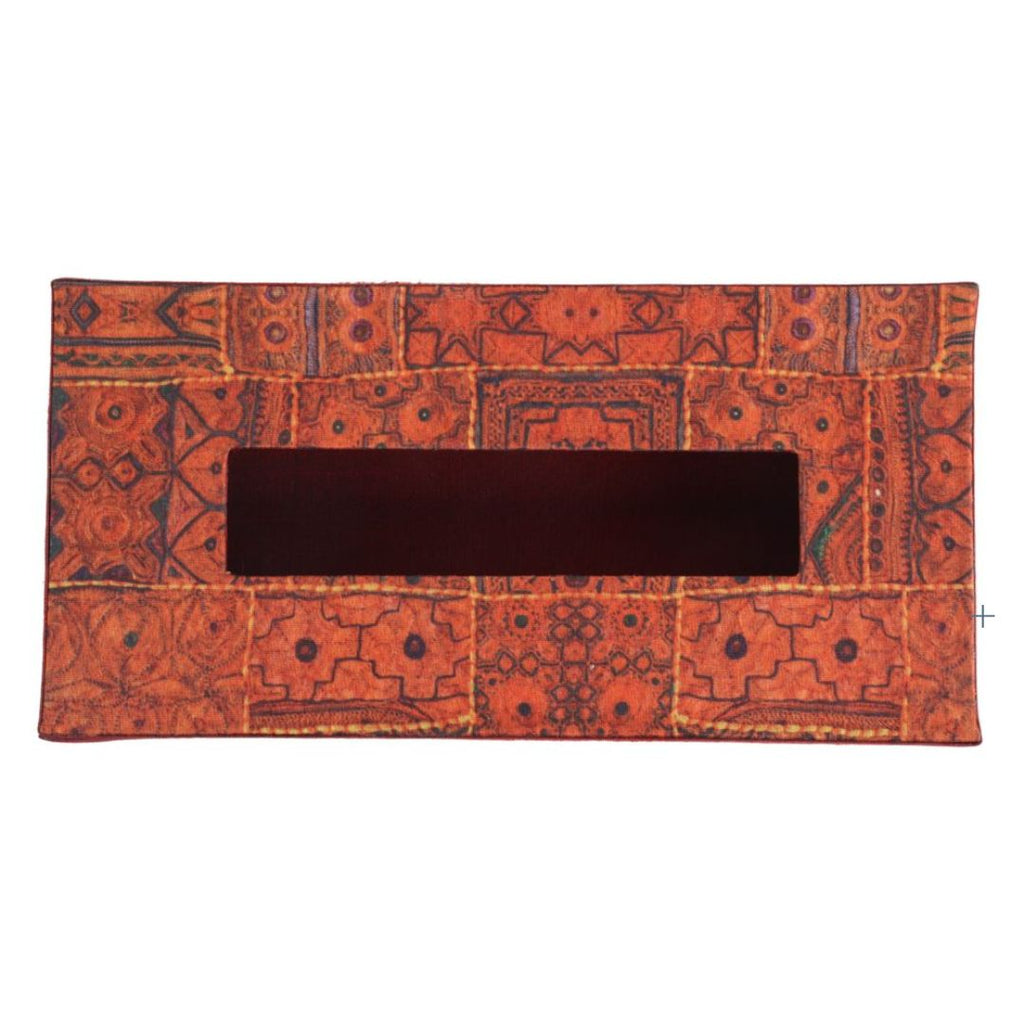 Indha Tissue Box | Handcrafted Tissue Box Orange & Red | Orange and Red Dupion Silk Tissue Box | Black Indian Ethnic Traditional Design Pattern Digitally Printed | 50 Papers Tissue Box |