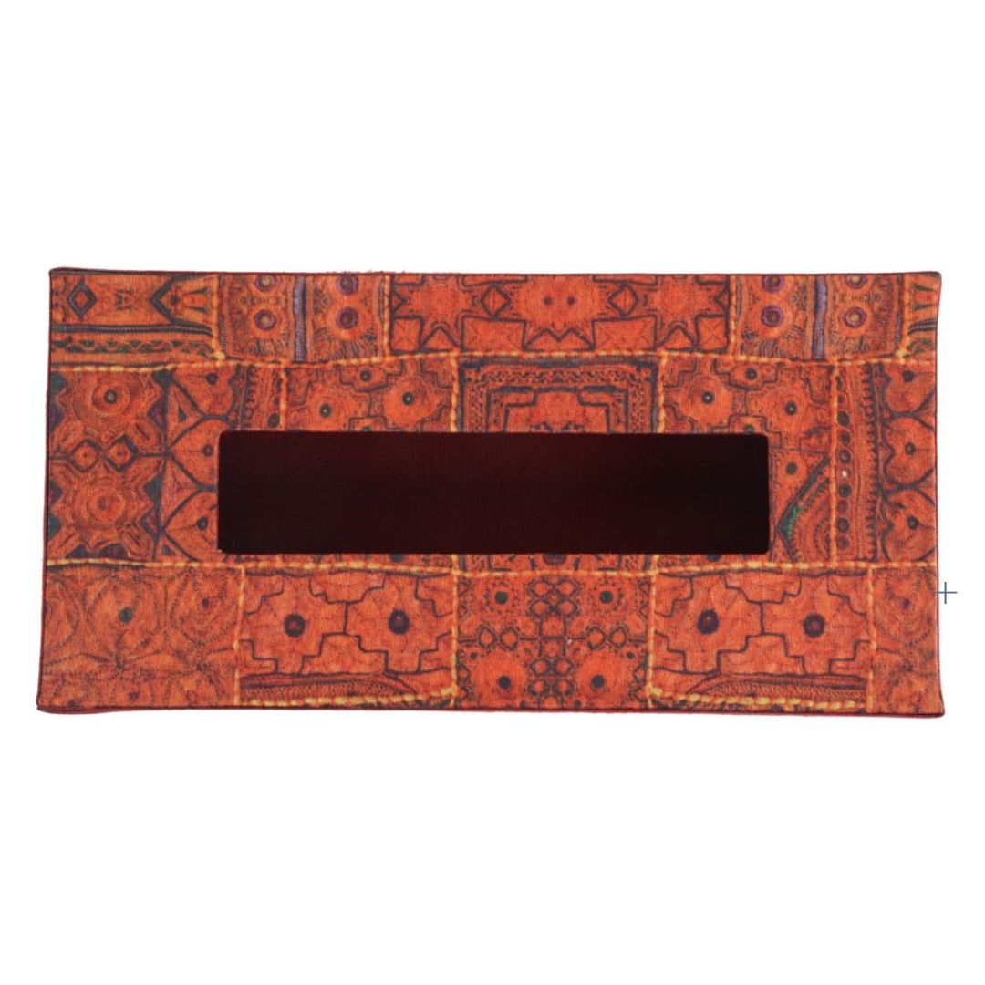 Indha Tissue Box | Handcrafted Tissue Box Orange & Red | Orange and Red Dupion Silk Tissue Box | Black Indian Ethnic Traditional Design Pattern Digitally Printed | 50 Papers Tissue Box |