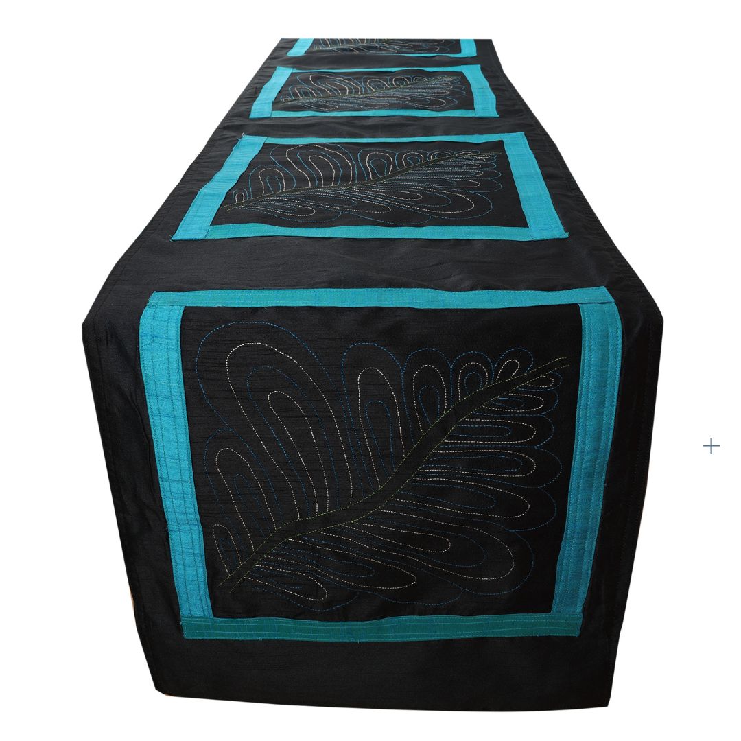 INDHA Table Runner with Kantha work in Exquisite Leaf Hand Embroidered  Silk |Wedding|Corporate Gift