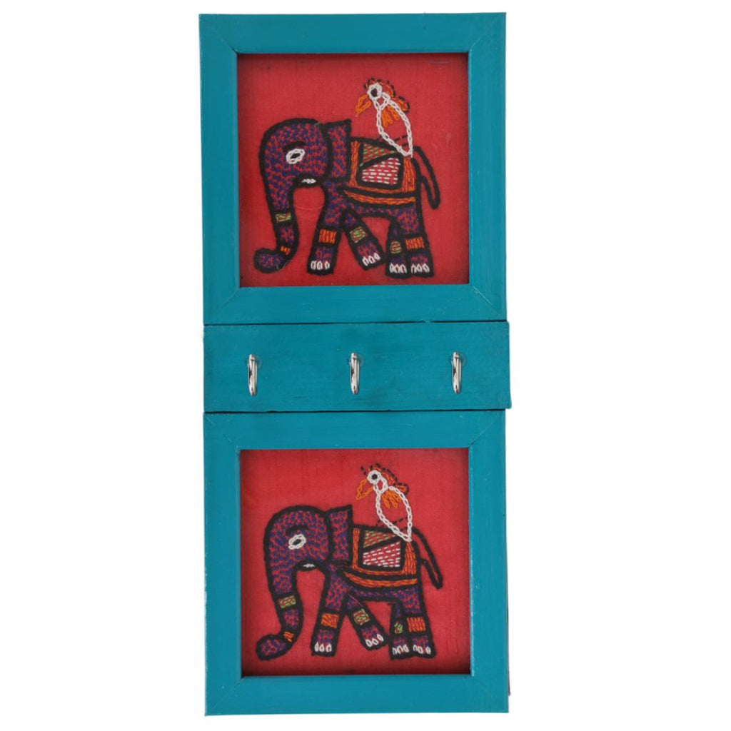 Indha Hand-Embroidered 3-Hook Key Holder | Elephant Motif Wall Art | Crafted with Repurposed Wood | Functional &amp; Artistic Home Accent