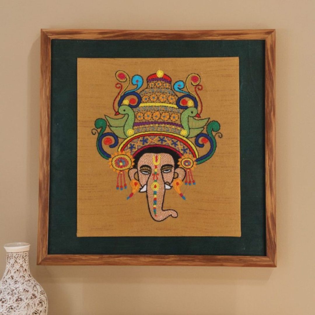 Indha Hand-Embroidered Lord Ganesh Face Embroidery Wall Art Decor | Sacred Splendor | Unique Ganesh Chaturthi Gift | Diwali Gift | Return Festival Gifts