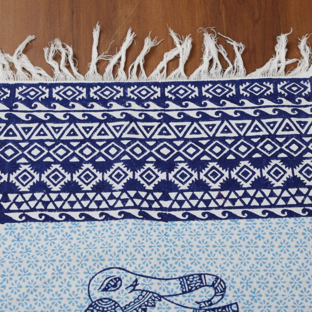 Indha Table Mats And Runner Set |Hand Block-Printed Blue Ethnic Elephant Design  Pattern Cotton Set 0f 6 Table Mats And 1 Runner |
