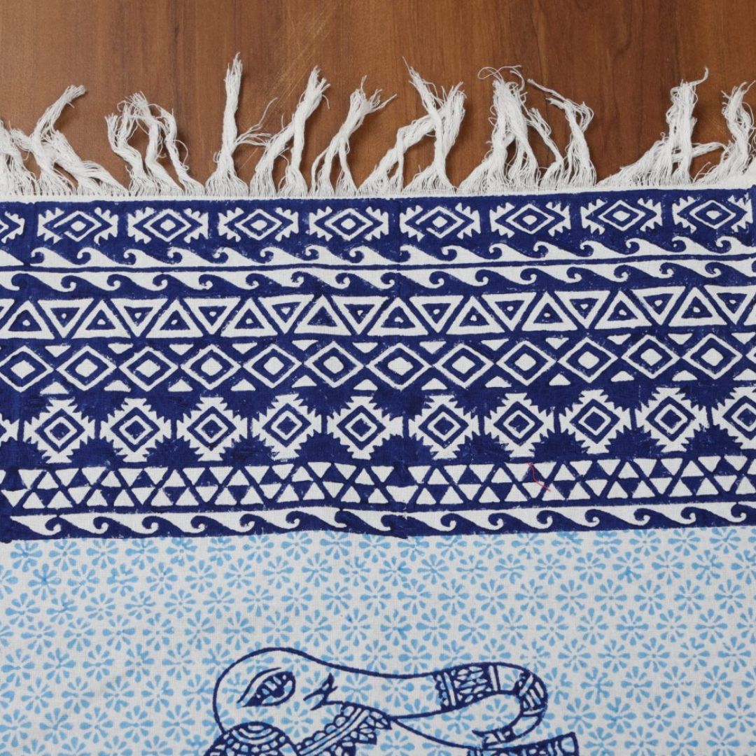 Indha Table Mats And Runner Set |Hand Block-Printed Blue Ethnic Elephant Design  Pattern Cotton Set 0f 6 Table Mats And 1 Runner |