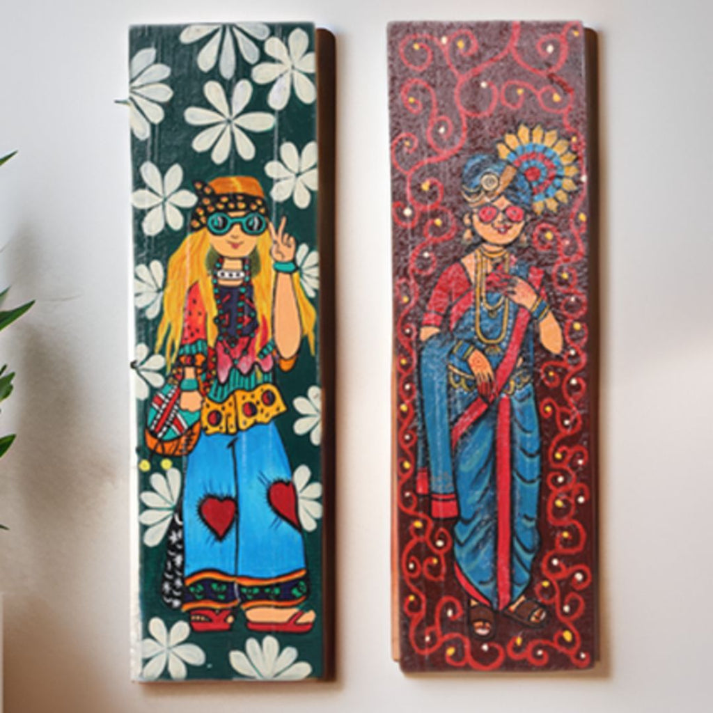 Indha Hand painted Wall Art | Indo-Western Lady Print Wall Art | Repurposed Wood Wall Art