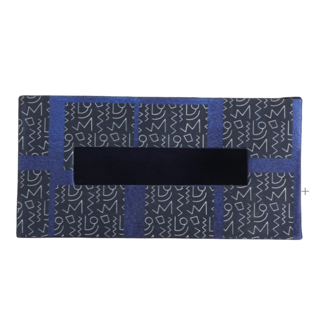 Indha Tissue Box | Handcrafted Tissue Paper Box Black & Blue | Black & Blue Dupion Silk Tissue Box | White And Blue Abstract Line Pattern Design Digitally Printed | 50 Papers Tissue Box |