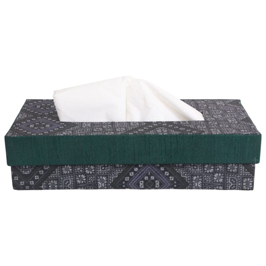 Indha Tissue Box | Handcrafted Tissue Box Black & Grey | Black and Green Dupion Silk Tissue Box | Mild Grey Ethnic Geometric Pattern Design Digitally Printed | 50 Papers Tissue Box |