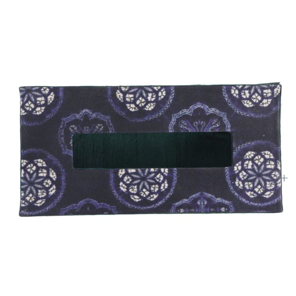 Indha Tissue Box | Handcrafted Tissue Box Blue & Green | Navy Blue and Green Dupion Silk Tissue Box | White Floral Mandala Design Motif Digitally Printed | 50 Papers Tissue Box |
