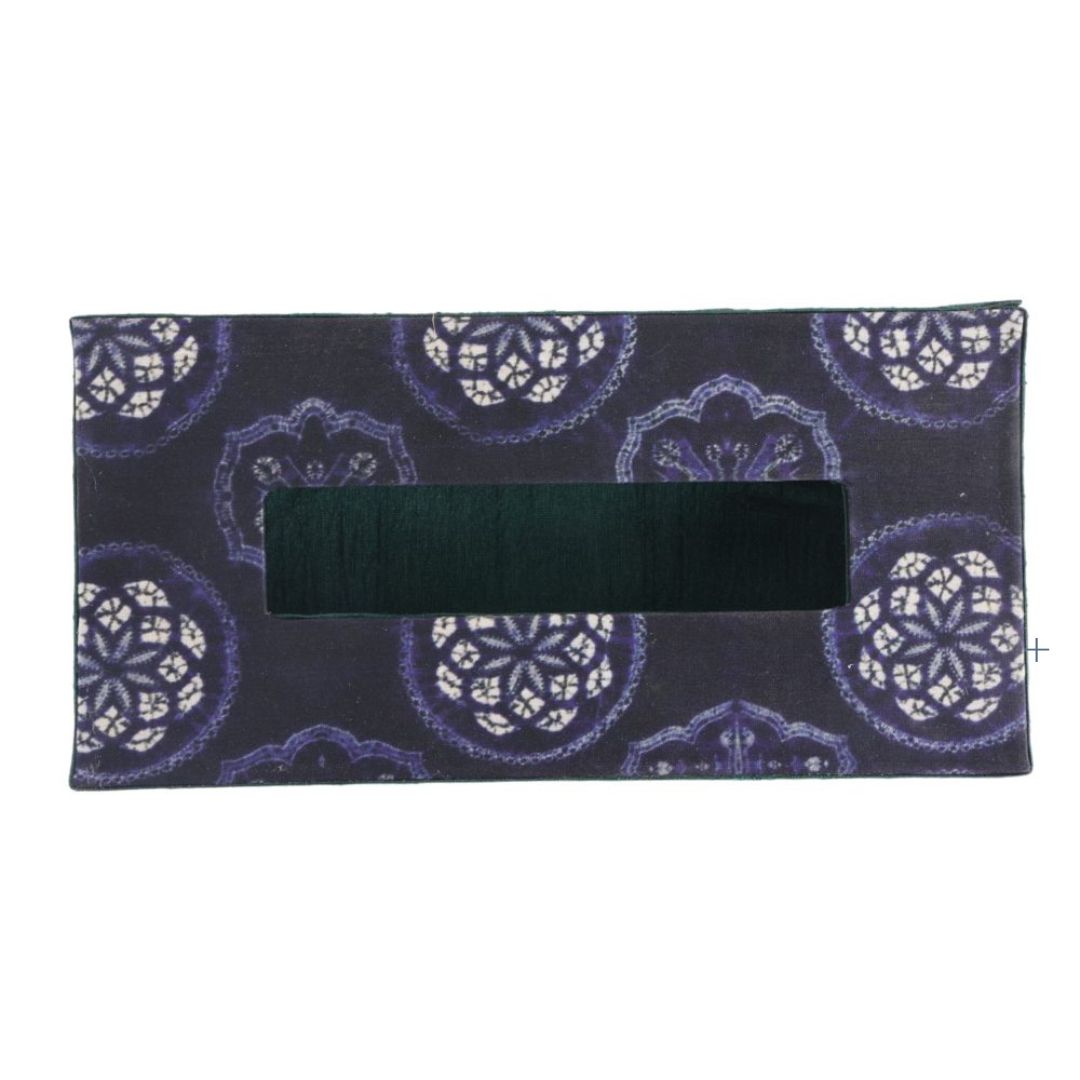 Indha Tissue Box | Handcrafted Tissue Box Blue & Green | Navy Blue and Green Dupion Silk Tissue Box | White Floral Mandala Design Motif Digitally Printed | 50 Papers Tissue Box |