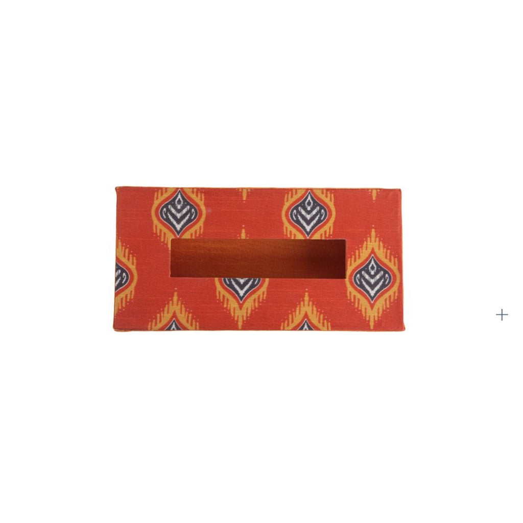 Indha Tissue Box | Handcrafted Tissue Box Orange | Red And Orange Dupion Silk Tissue Box | Blue And Yellow Flame Design Motif Digitally Printed | 50 Papers Tissue Box