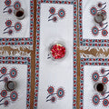 Indha Table Mat &amp; Runner Set |Hand Block-Printed Red And Blue Dandelion Flower Design Motif Cotton Canvas Table Mats And Runner Set | Set 0f 6 Table Mats And 1 Runner |