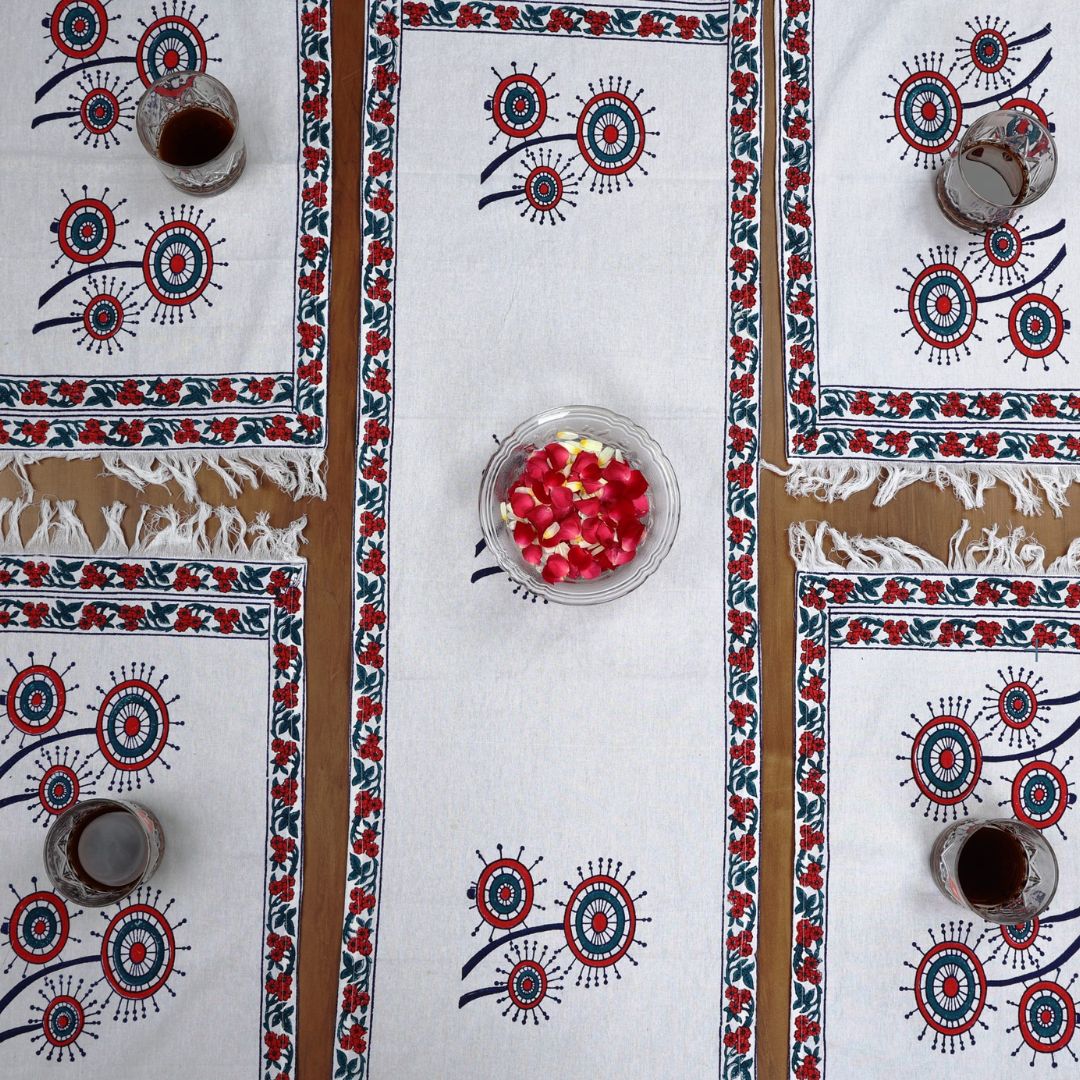 Indha Table Mat &amp; Runner Set |Hand Block-Printed Red And Blue Dandelion Flower Design Motif Cotton Canvas Table Mats And Runner Set | Set 0f 6 Table Mats And 1 Runner |