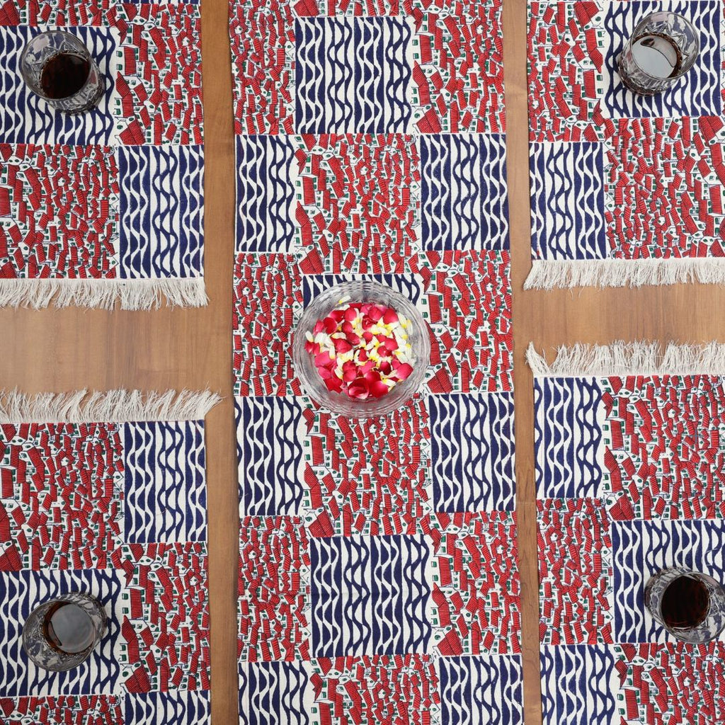 Indha Table Mat &amp; Runner Set | Hand Block Printed Red-White Hut Motif And Blue Design Pattern Cotton Table Mats And Runner Set | Set 0f 6 Table Mats And 1 Runner |
