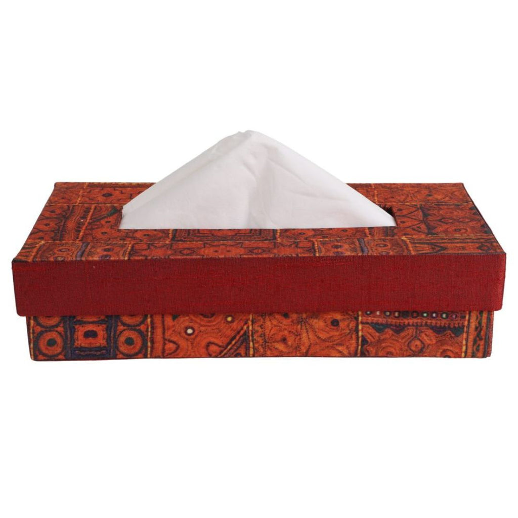 Indha Tissue Box | Handcrafted Tissue Box Orange & Red | Orange and Red Dupion Silk Tissue Box | Black Indian Ethnic Traditional Design Pattern Digitally Printed | 50 Papers Tissue Box |