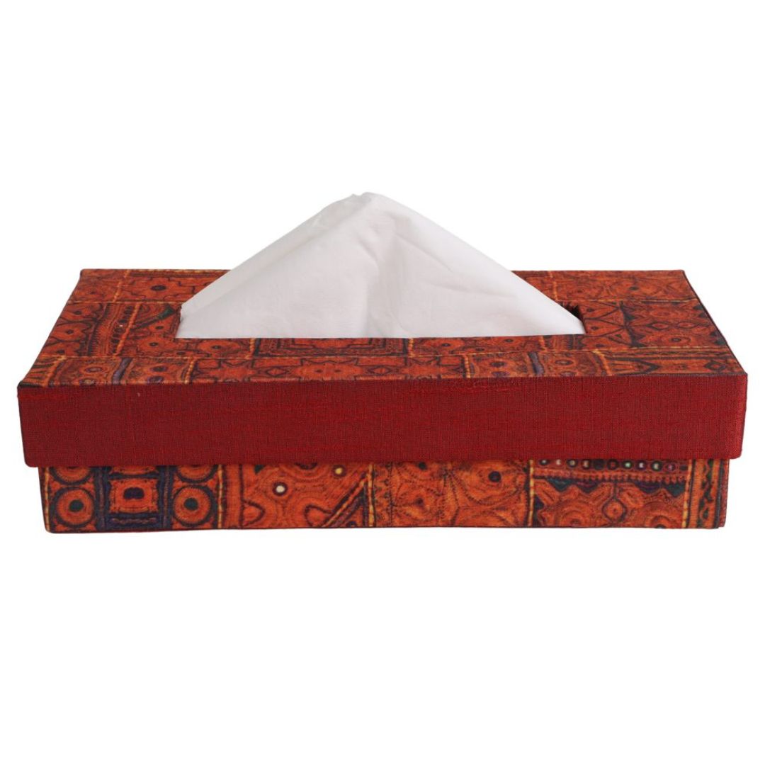 Indha Tissue Box | Handcrafted Tissue Box Orange & Red | Orange and Red Dupion Silk Tissue Box | Black Indian Ethnic Traditional Design Pattern Digitally Printed | 50 Papers Tissue Box |