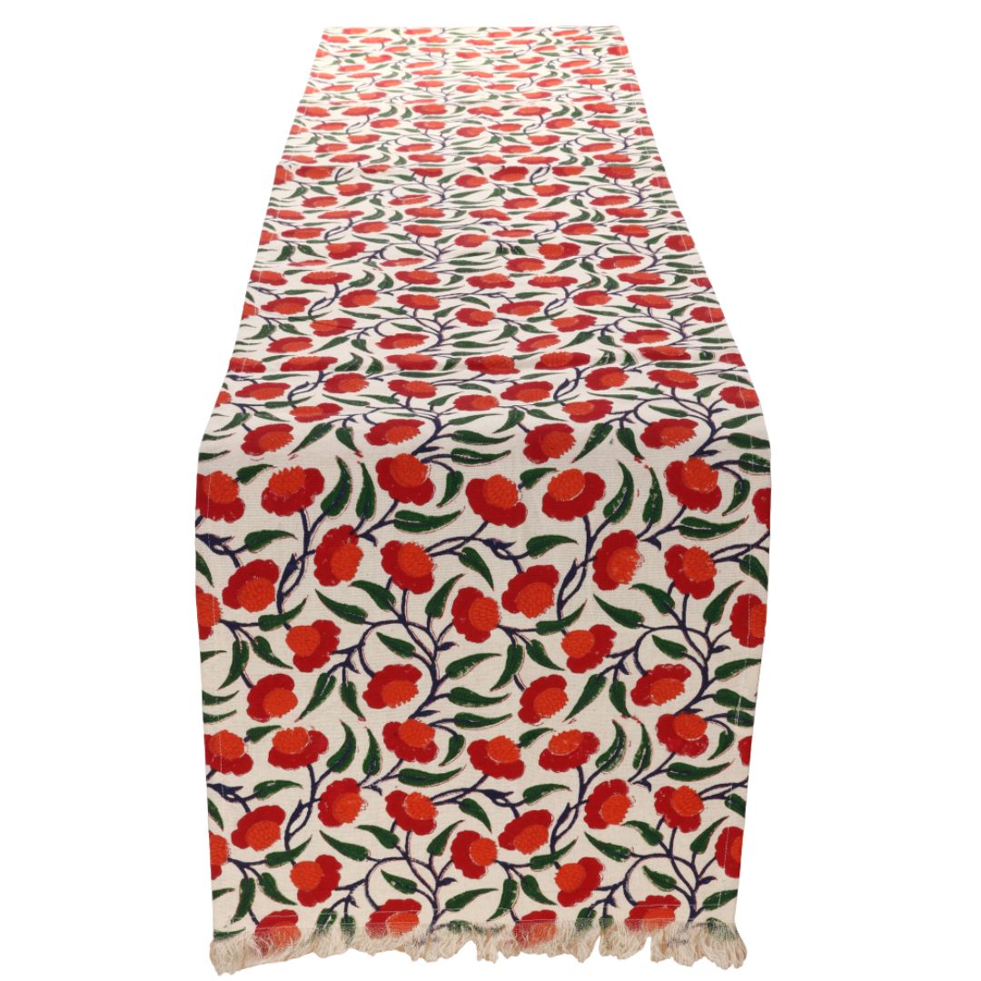 Indha Table Mats And Runner Set | Hand Block-Printed Red And Orange Floral Design Motif Cotton Canvas Set 0f 6 Table Mats And 1 Runner |