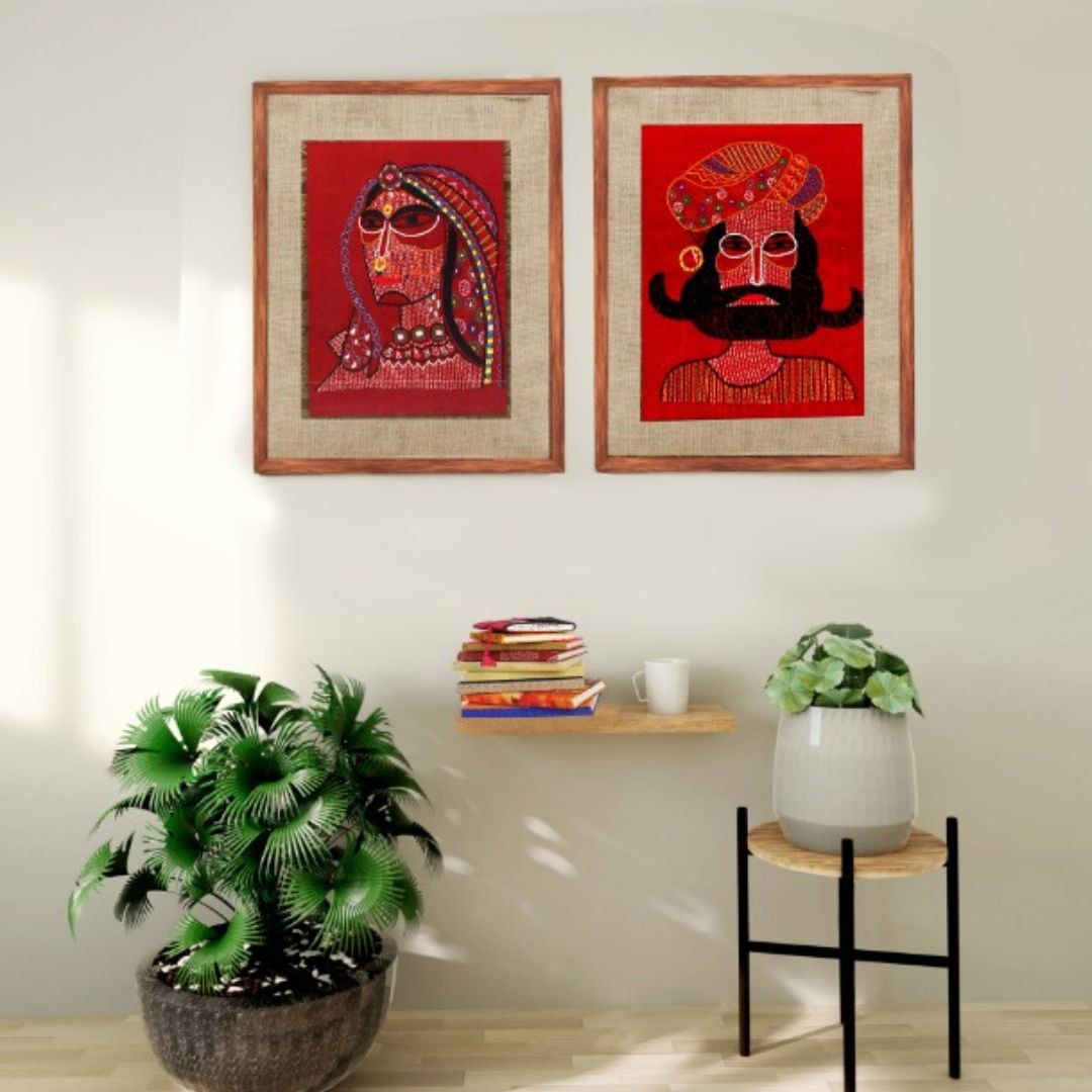 INDHA Wooden Framed Wall Decor With Hand Embroidered Portrait Of Rural Rajasthani Man Rural Woman