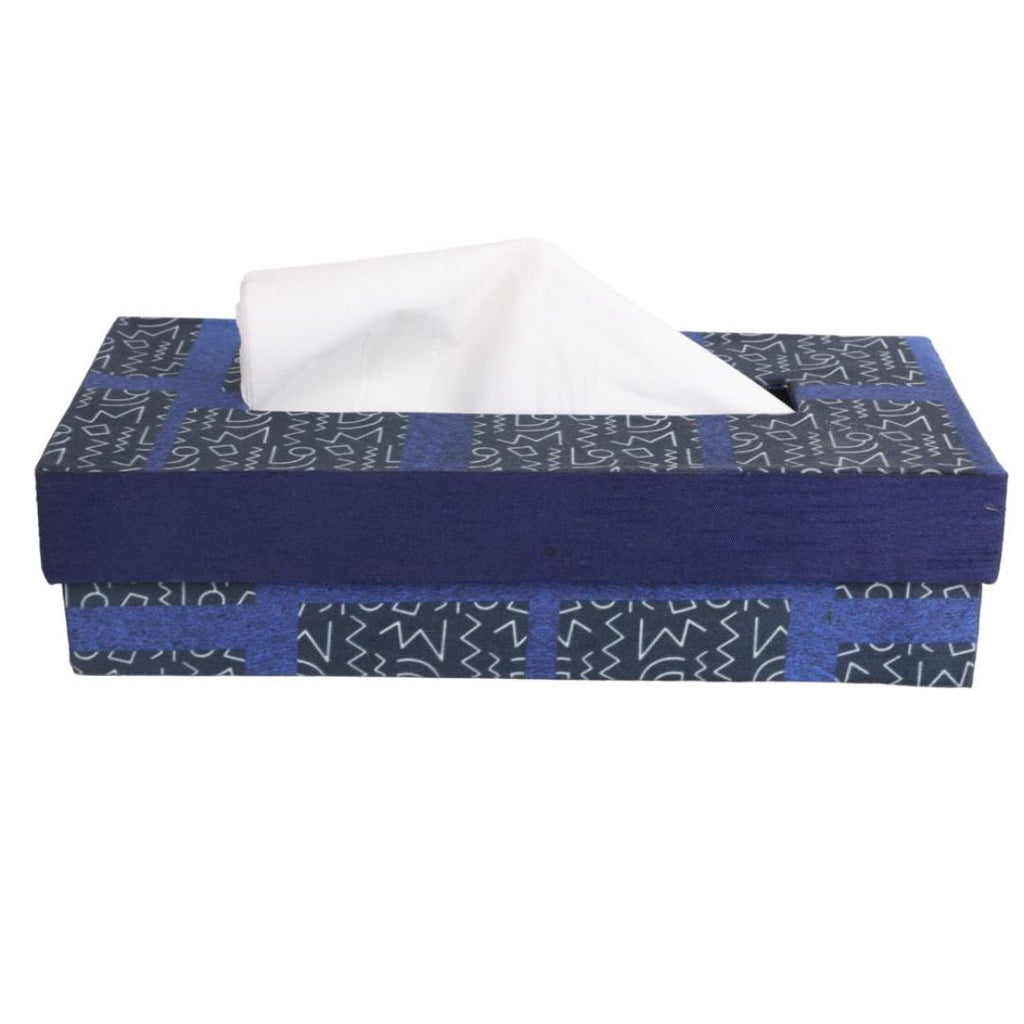 Indha Tissue Box | Handcrafted Tissue Paper Box Black & Blue | Black & Blue Dupion Silk Tissue Box | White And Blue Abstract Line Pattern Design Digitally Printed | 50 Papers Tissue Box |