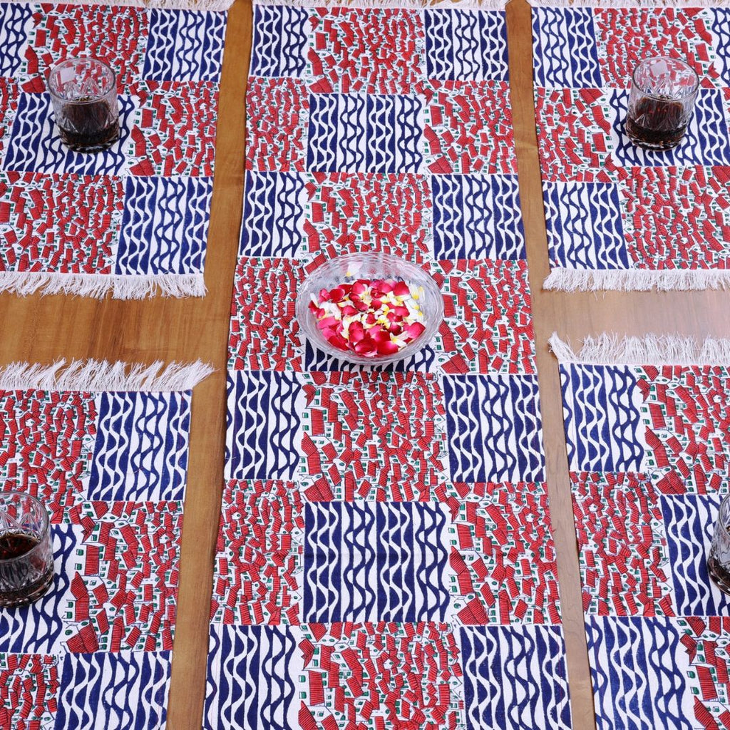 Indha Table Mat &amp; Runner Set | Hand Block Printed Red-White Hut Motif And Blue Design Pattern Cotton Table Mats And Runner Set | Set 0f 6 Table Mats And 1 Runner |
