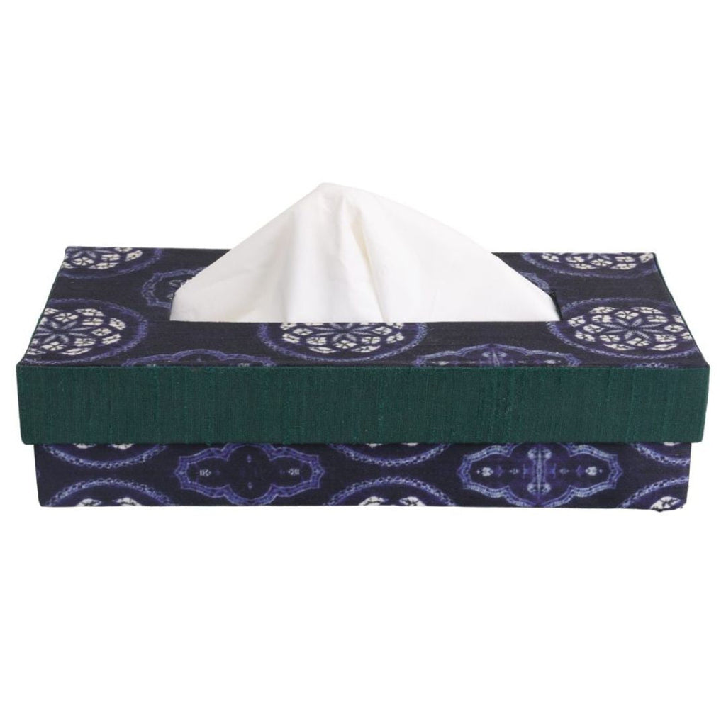 Indha Tissue Box | Handcrafted Tissue Box Blue & Green | Navy Blue and Green Dupion Silk Tissue Box | White Floral Mandala Design Motif Digitally Printed | 50 Papers Tissue Box |