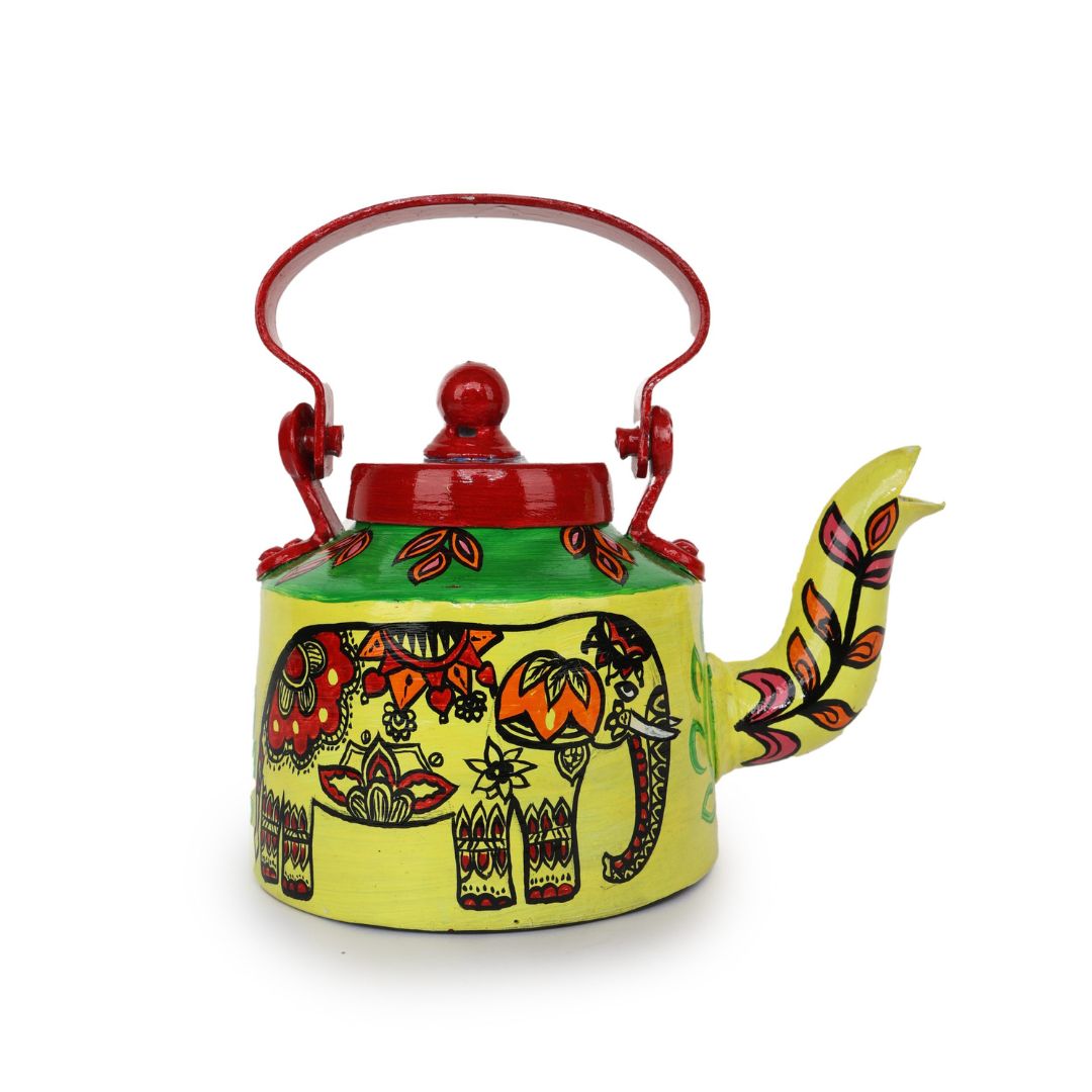INDHA Yellow Hand Painted Aluminium Decorative Kettle With Elephant Print | Handpainted Décor | Home Décor | Home Utility | Living Room Décor | Gifting | Décor | Kitchen Utility