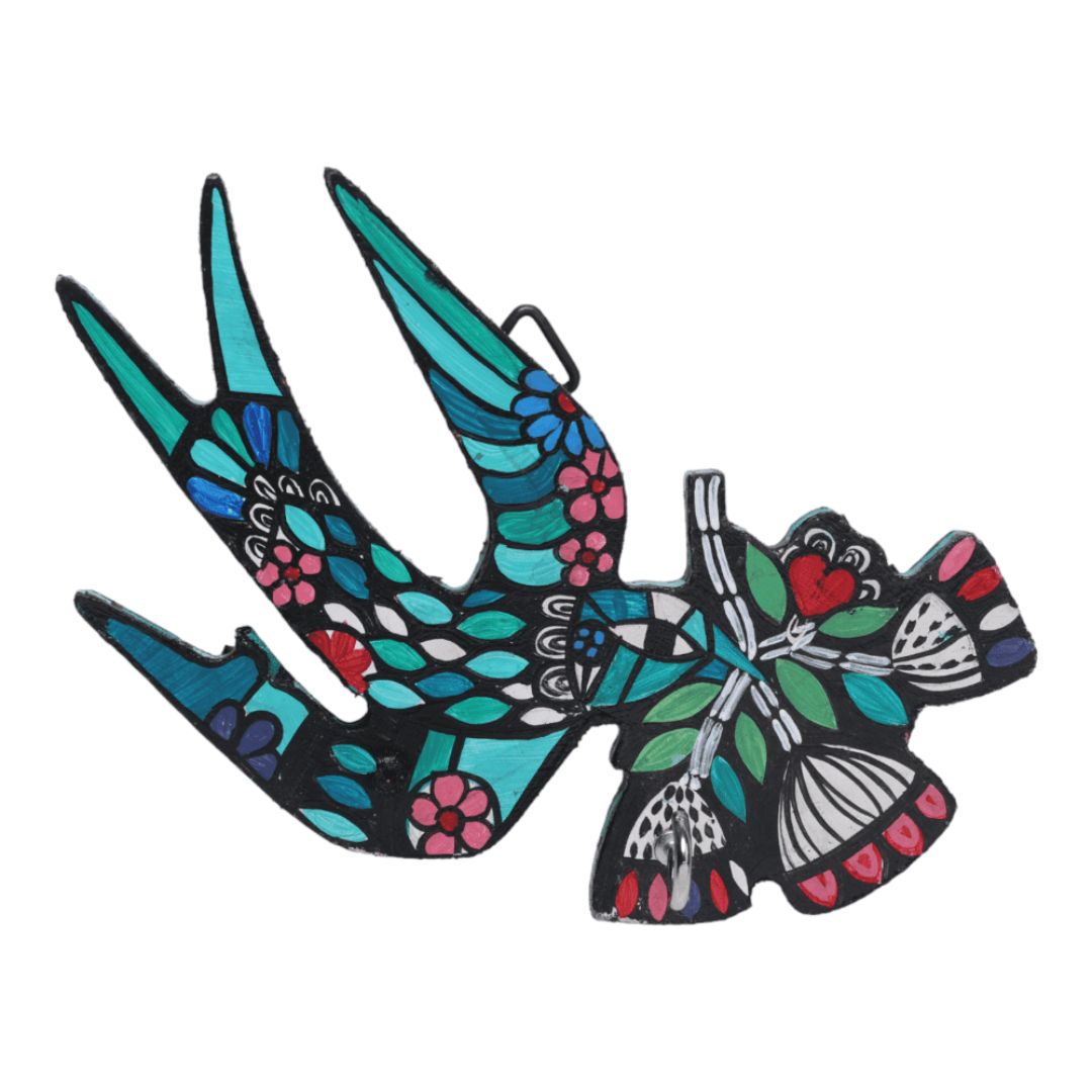 Flying Bird Key Holder Wall Mounted Hand Painted | Wooden Key Holder Handmade | Eco-Friendly Bird Design Key Organizer for Home | Indha