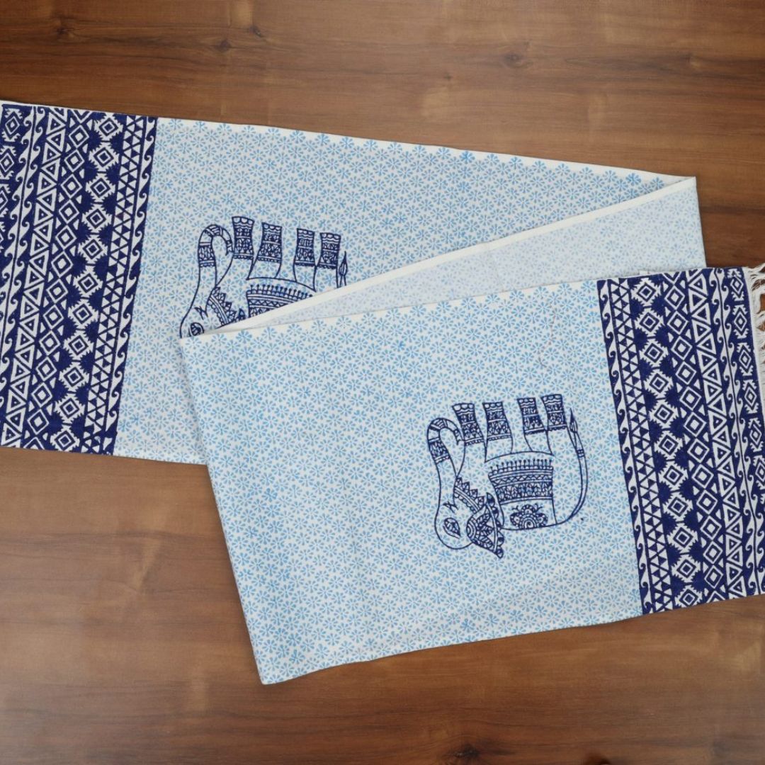 Indha Table Mats And Runner Set |Hand Block-Printed Blue Ethnic Elephant Design  Pattern Cotton Set 0f 6 Table Mats And 1 Runner |