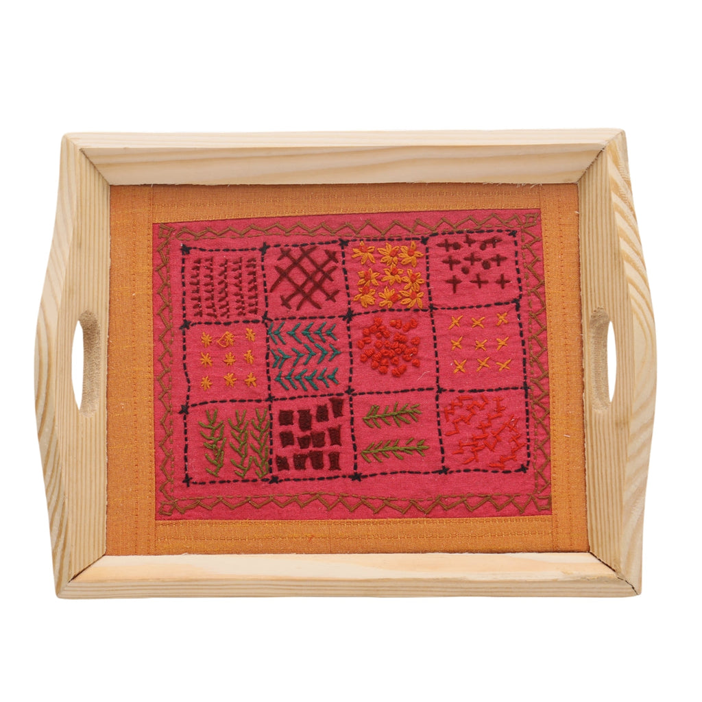 Indha Hand Embroidered Patchwork Motif Tray | Dupion Silk Pine Wood Wooden Serving & Decorative Tray