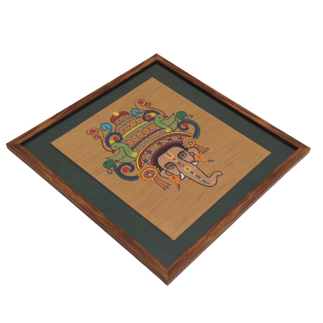 Indha Hand-Embroidered Lord Ganesh Face Embroidery Wall Art Decor | Sacred Splendor | Unique Ganesh Chaturthi Gift | Diwali Gift | Return Festival Gifts