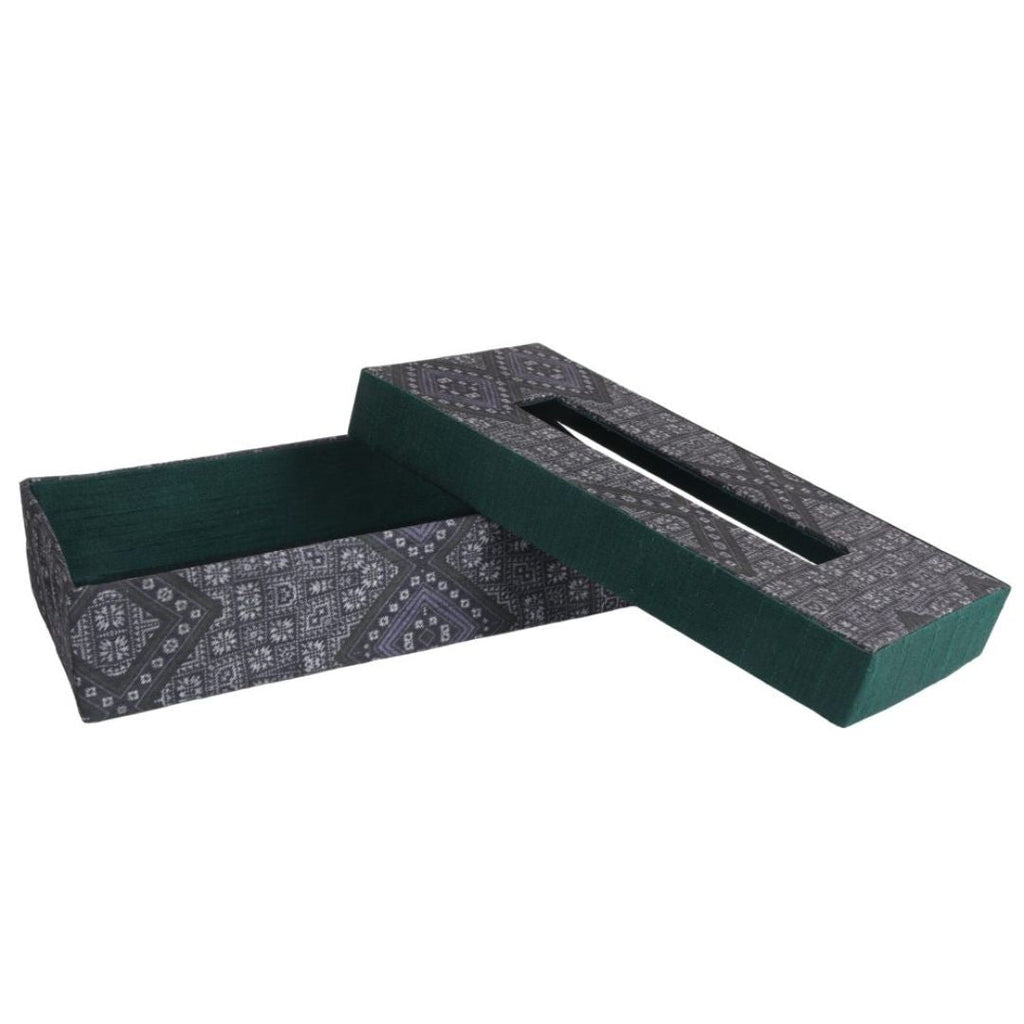 Indha Tissue Box | Handcrafted Tissue Box Black & Grey | Black and Green Dupion Silk Tissue Box | Mild Grey Ethnic Geometric Pattern Design Digitally Printed | 50 Papers Tissue Box |