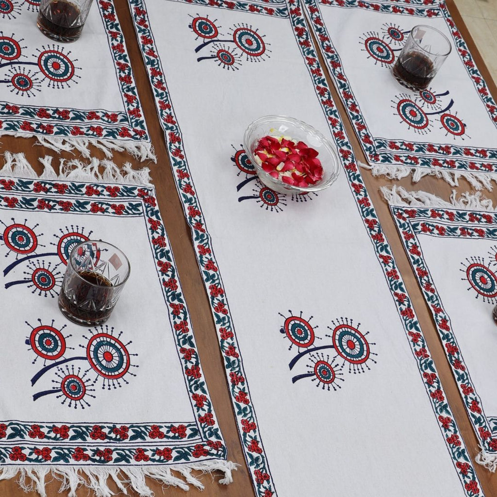Indha Table Mat &amp; Runner Set |Hand Block-Printed Red And Blue Dandelion Flower Design Motif Cotton Canvas Table Mats And Runner Set | Set 0f 6 Table Mats And 1 Runner |