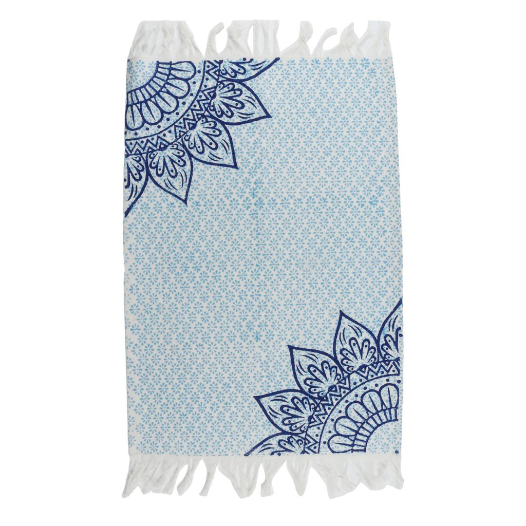 Indha Table Mat & Runner Set | Hand Block-Printed Blue Flower Mandala Design Pattern Cotton Table Mats And Runner Set | Set 0f 6 Table Mats And 1 Runner