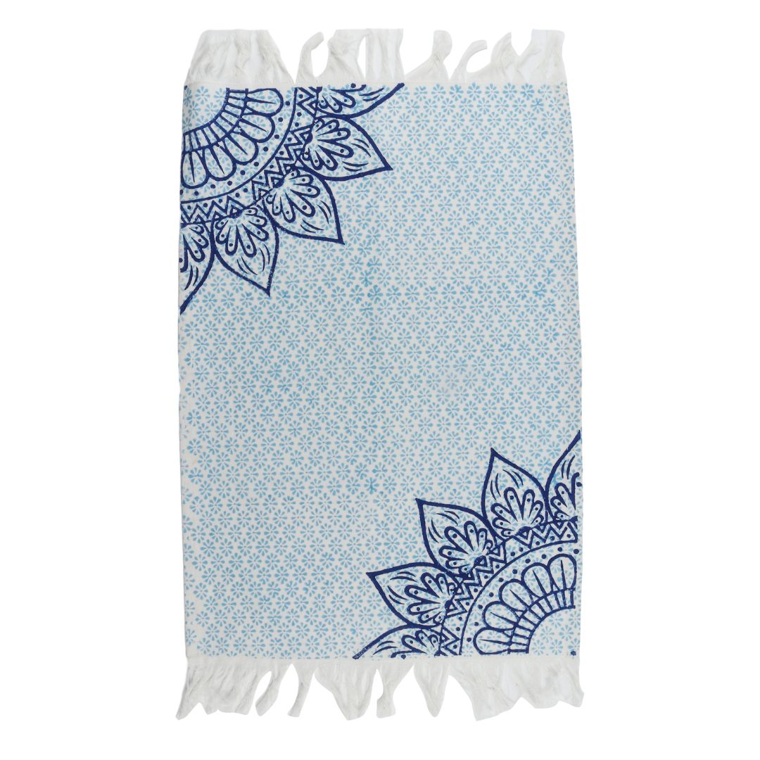 Indha Table Mat & Runner Set | Hand Block-Printed Blue Flower Mandala Design Pattern Cotton Table Mats And Runner Set | Set 0f 6 Table Mats And 1 Runner