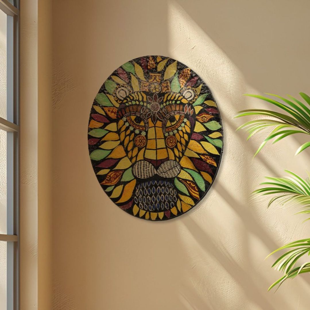 Indha's Hand-Painted Lion's Face Wall Art | Paper mache Painted Lion Face Wall artwork | Sustainable wall hanging art| Wall art for living room| Wooden painted wall art|