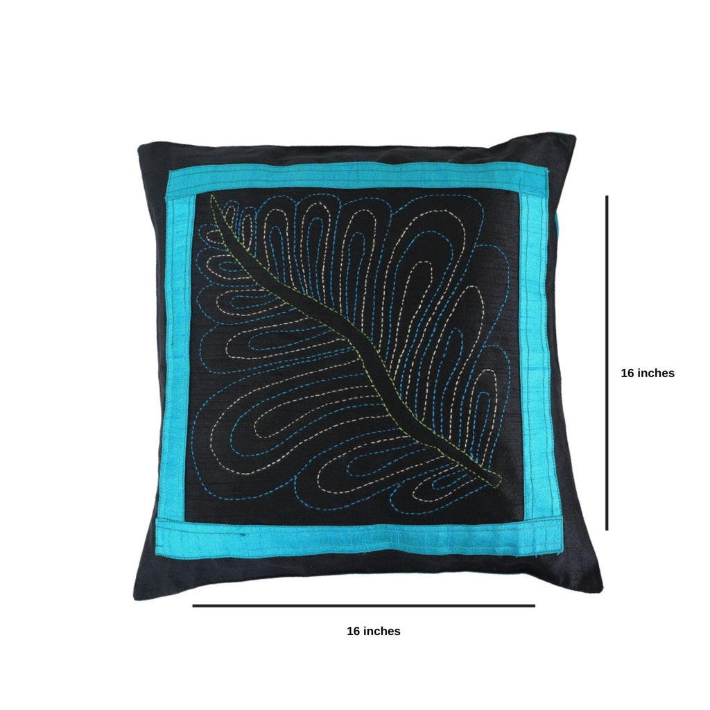 INDHA Cushion Cover Set of 2 with Kantha-Embroidery | Embroidered Cushion Cover 16.0 X 16.0 Inches | Exquisite Leaf Hand -Embroidered Silk | Wedding | Corporate Gift