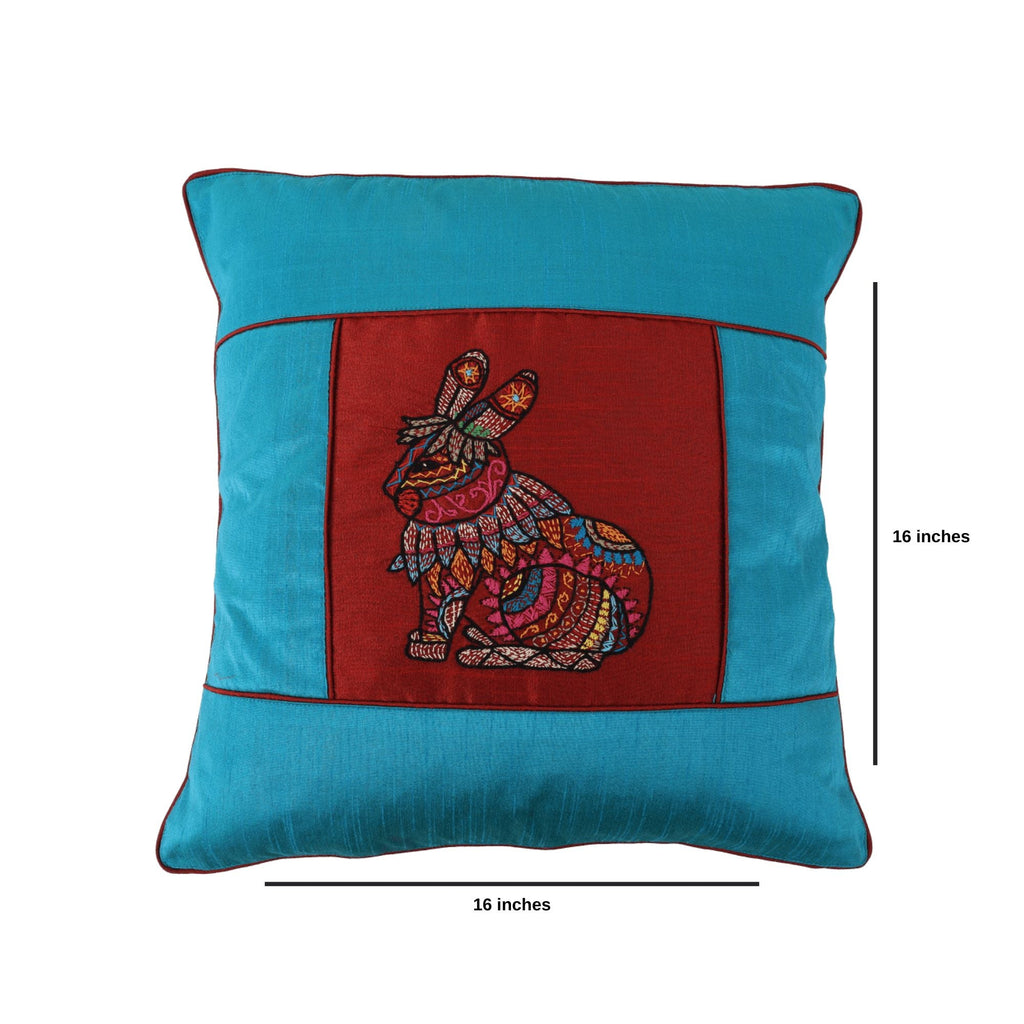 INDHA Cushion Cover | Sky Blue And Maroon Dupion Silk Cushion Cover | Hand Embroidered Chain Stitch And Kantha Work Multicolor Rabbit Design | Hand Embroidered Cushion Cover