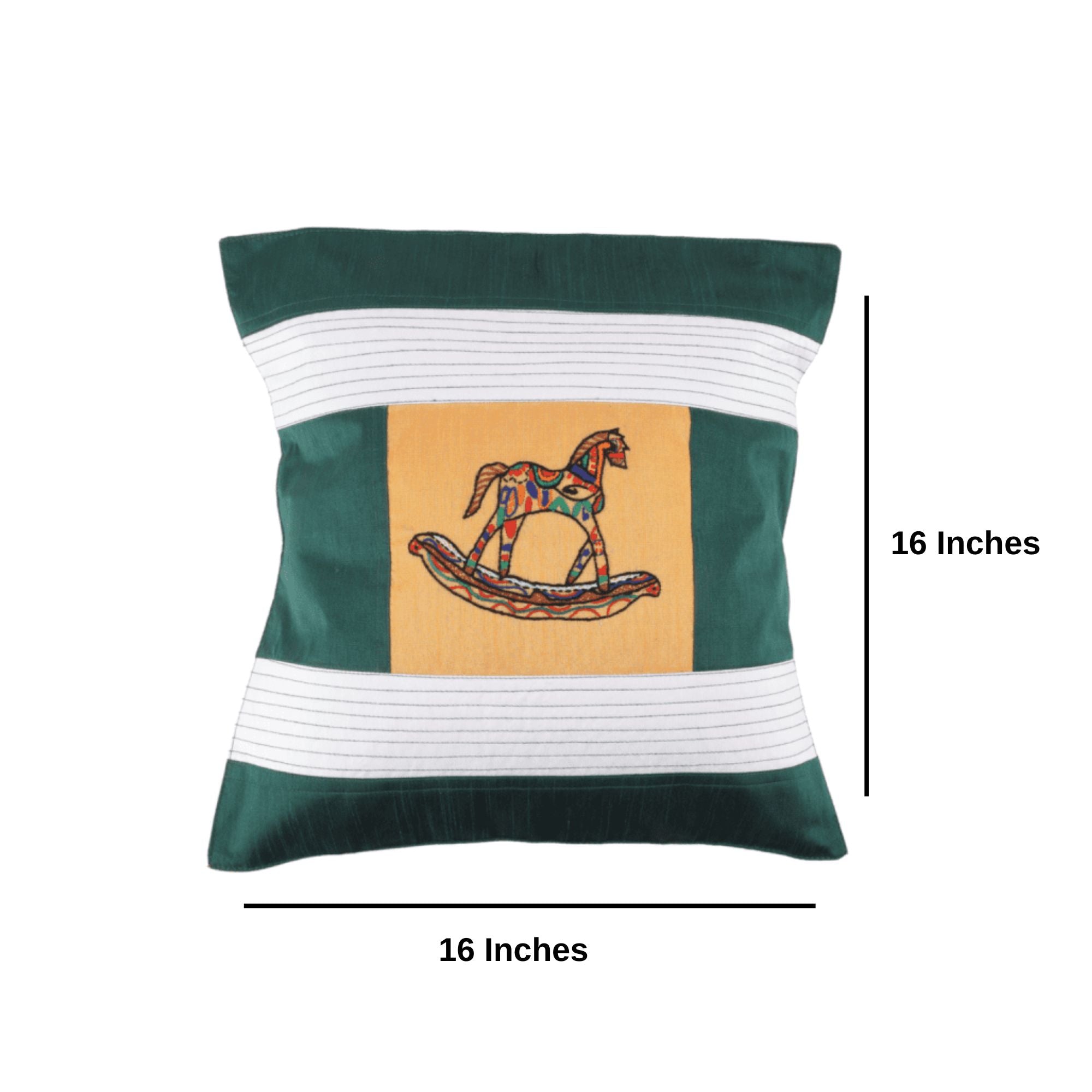 Indha Hand Embroidered Cushion Cover Horse Embroidery | Dupion Silk Cushion Cover |  Corporate Gifting | Home Furnishing | Home Improvement | Home Decor | Set of 2,16x16 Inches Cushion Cover