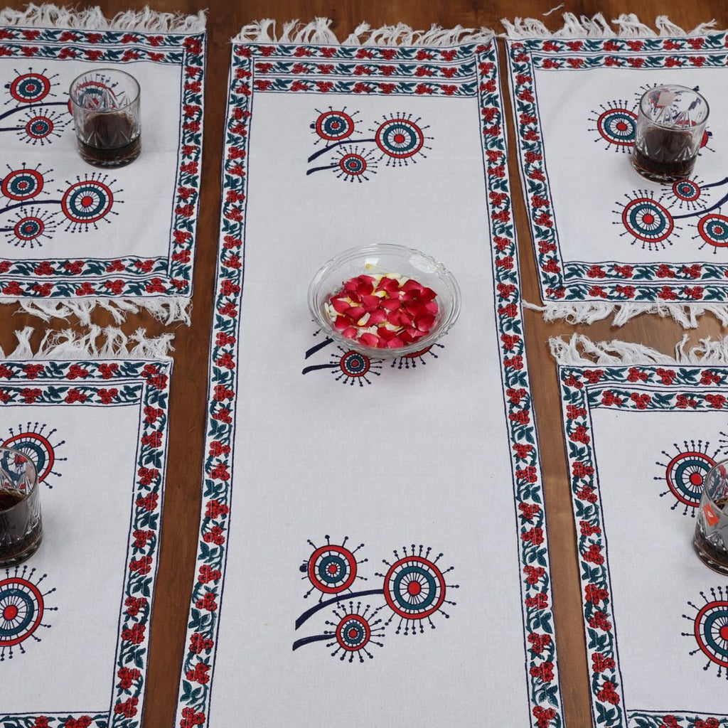 Indha Table Mat &amp; Runner Set |Hand Block-Printed Red And Blue Dandelion Flower Design Motif Cotton Canvas Table Mats And Runner Set | Set 0f 6 Table Mats And 1 Runner |