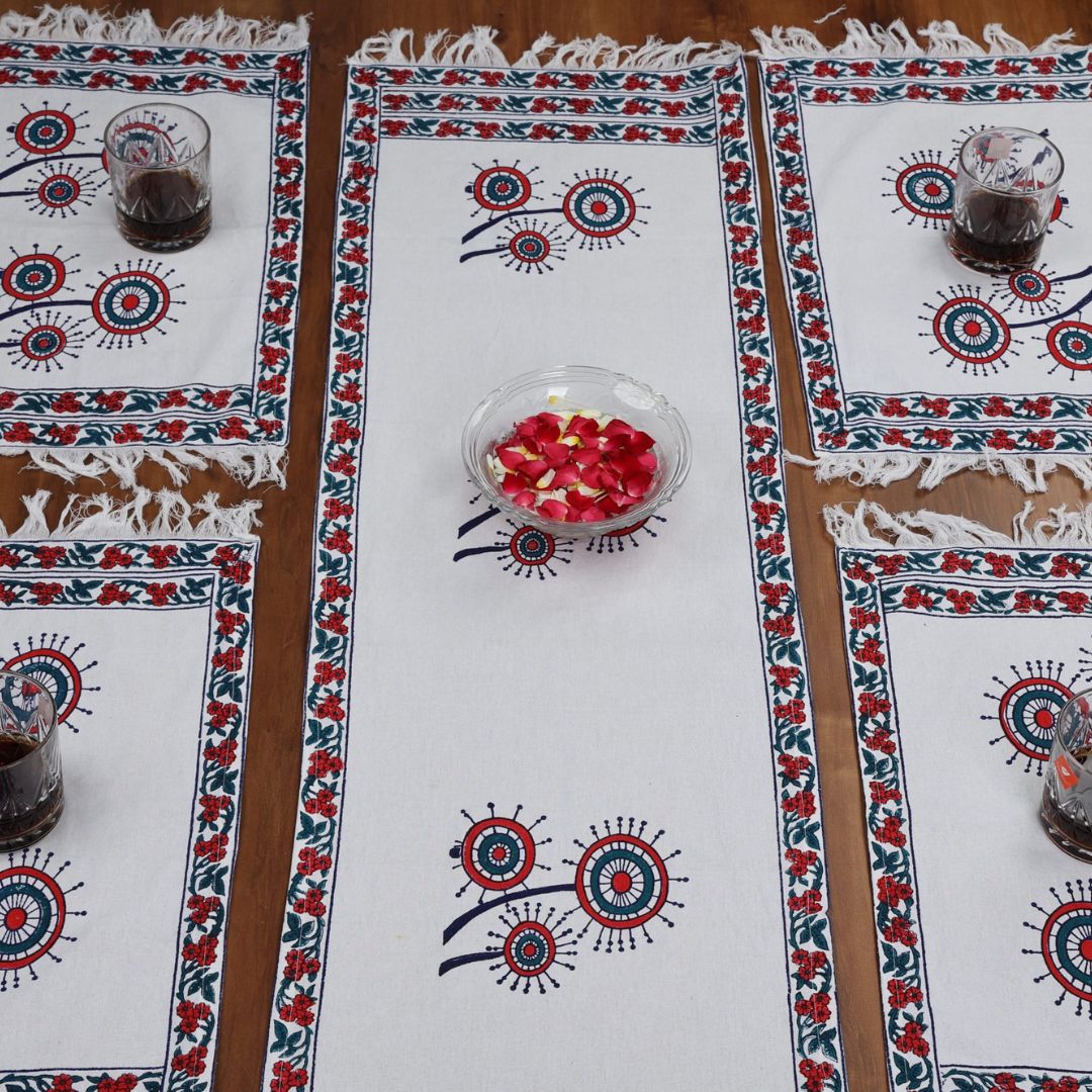 Indha Table Mat &amp; Runner Set |Hand Block-Printed Red And Blue Dandelion Flower Design Motif Cotton Canvas Table Mats And Runner Set | Set 0f 6 Table Mats And 1 Runner |