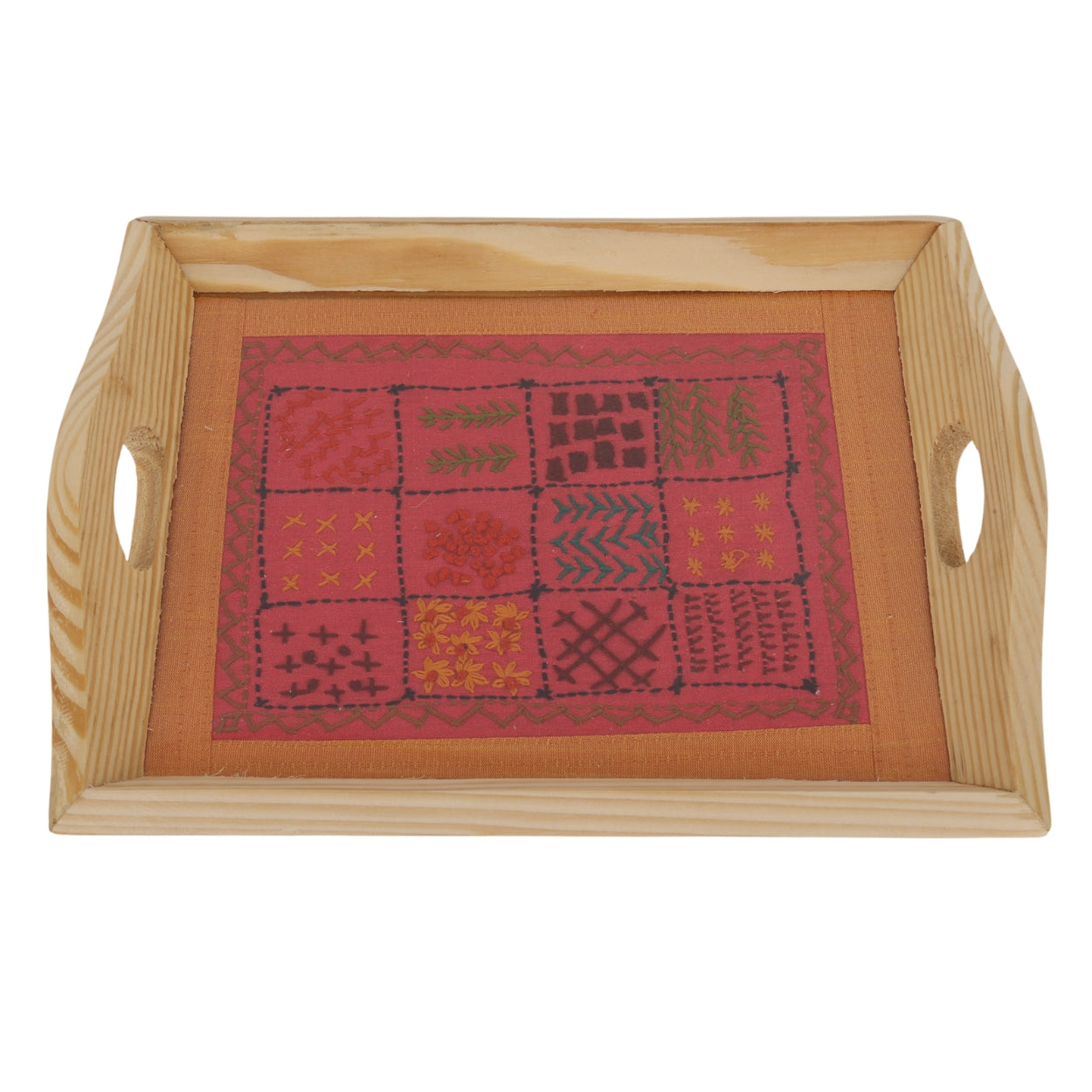 Indha Hand Embroidered Patchwork Motif Tray | Dupion Silk Pine Wood Wooden Serving & Decorative Tray