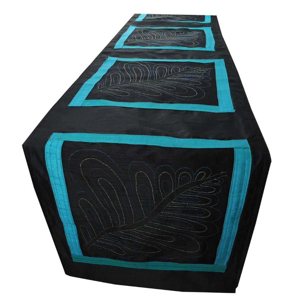 INDHA Table Runner with Kantha work in Exquisite Leaf Hand Embroidered  Silk |Wedding|Corporate Gift