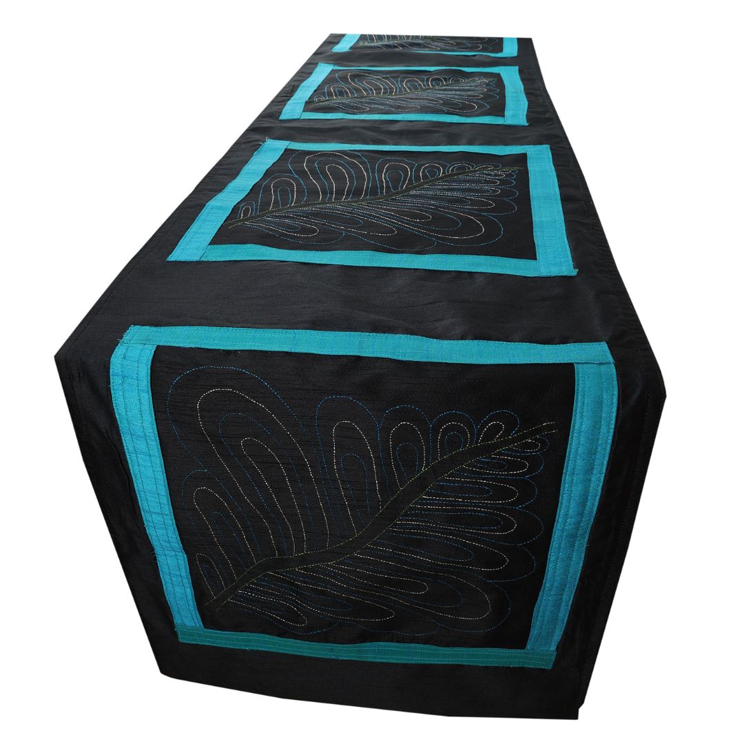 INDHA Table Runner with Kantha work in Exquisite Leaf Hand Embroidered  Silk |Wedding|Corporate Gift