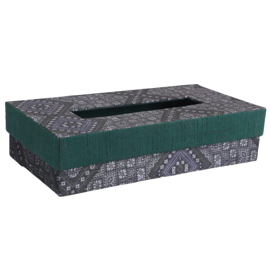 Indha Tissue Box | Handcrafted Tissue Box Black & Grey | Black and Green Dupion Silk Tissue Box | Mild Grey Ethnic Geometric Pattern Design Digitally Printed | 50 Papers Tissue Box |