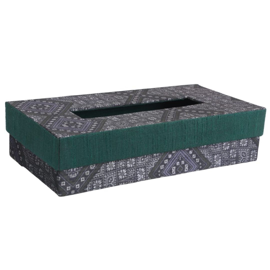 Indha Tissue Box | Handcrafted Tissue Box Black & Grey | Black and Green Dupion Silk Tissue Box | Mild Grey Ethnic Geometric Pattern Design Digitally Printed | 50 Papers Tissue Box |